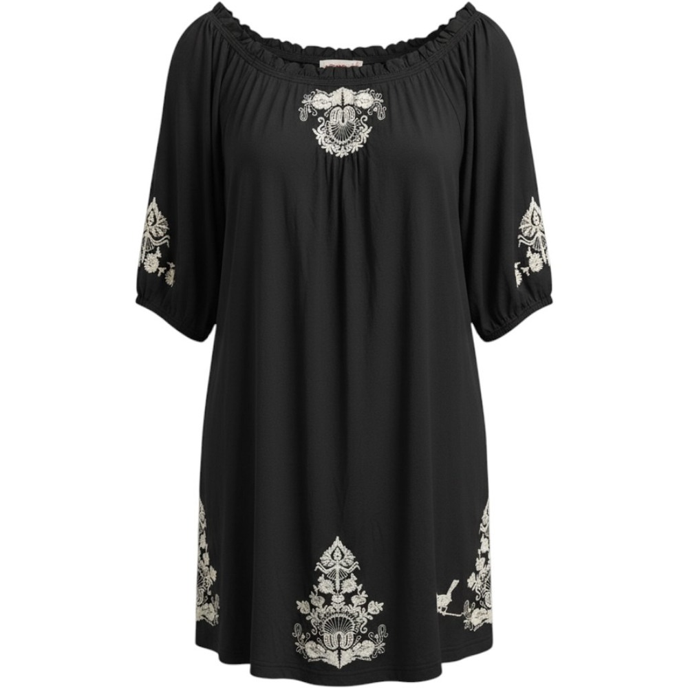 JWLA Johnny Was Tunic Top Women 1X Black Embroidered Boho Off Shoulder Pockets